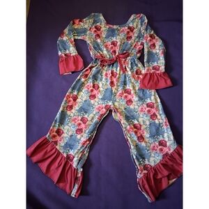 Blue and Red Floral Jumpsuit with Bell-Bottom Legs